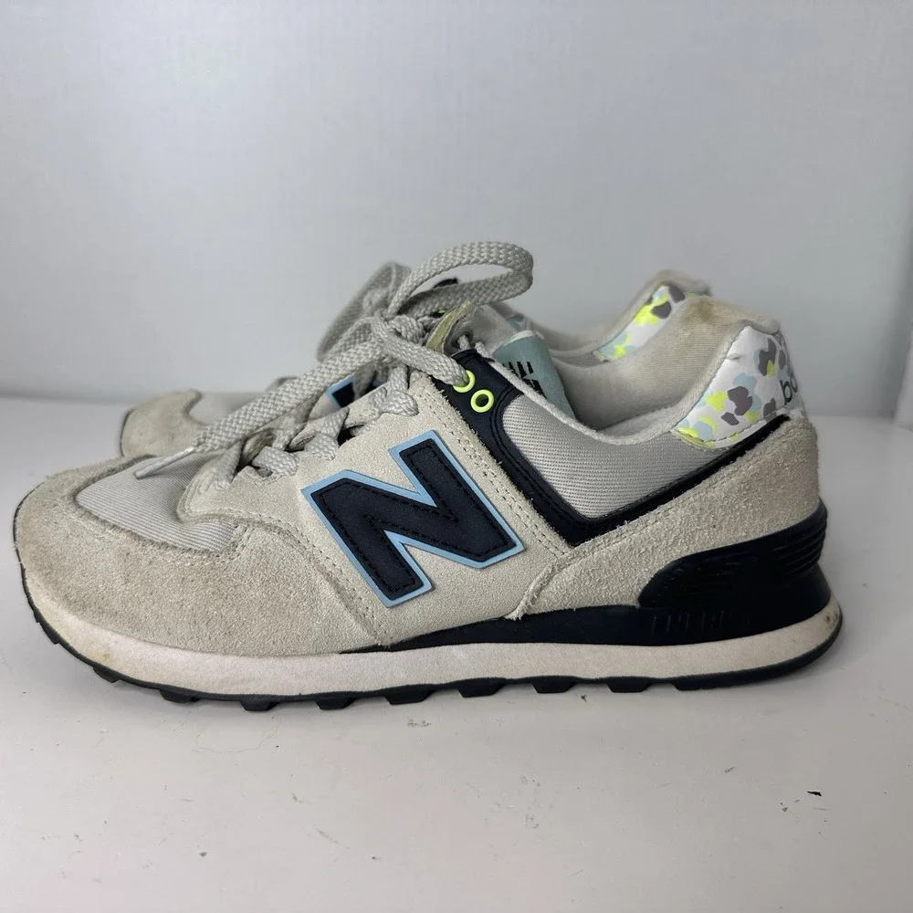 New Balance Womens 574 Running Shoes Rain Cloud Blue Camo Suede Sneaker Size 7.5